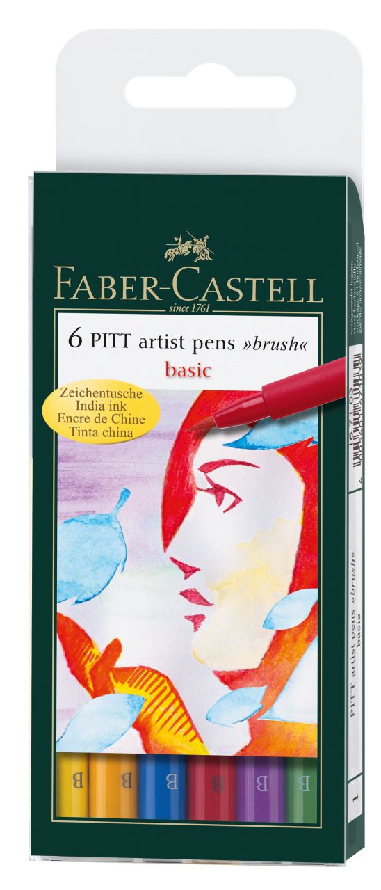 Faber-Castell - Canetas Artísticas Pitt - 6 Cores básicas - Ponta Pincel (B)
