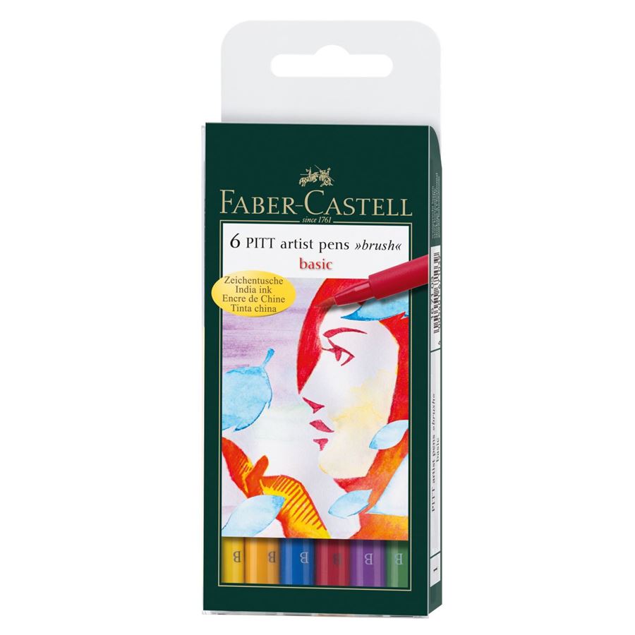 Faber-Castell - Canetas Artísticas Pitt - 6 Cores básicas - Ponta Pincel (B)