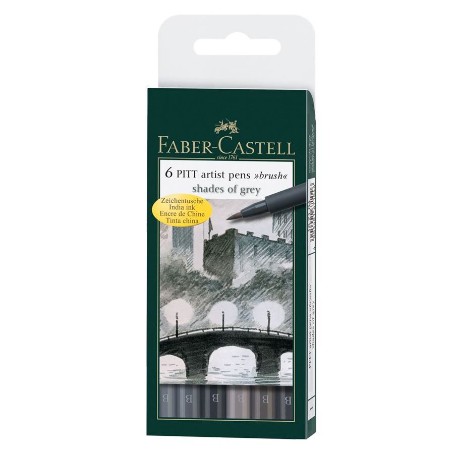 Faber-Castell - Canetas Artíst. Pitt - 6 tons de Cinza - Ponta Pincel (B)