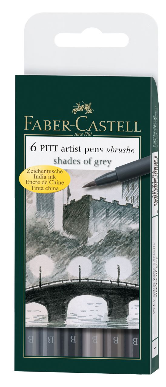 Faber-Castell - Canetas Artíst. Pitt - 6 tons de Cinza - Ponta Pincel (B)