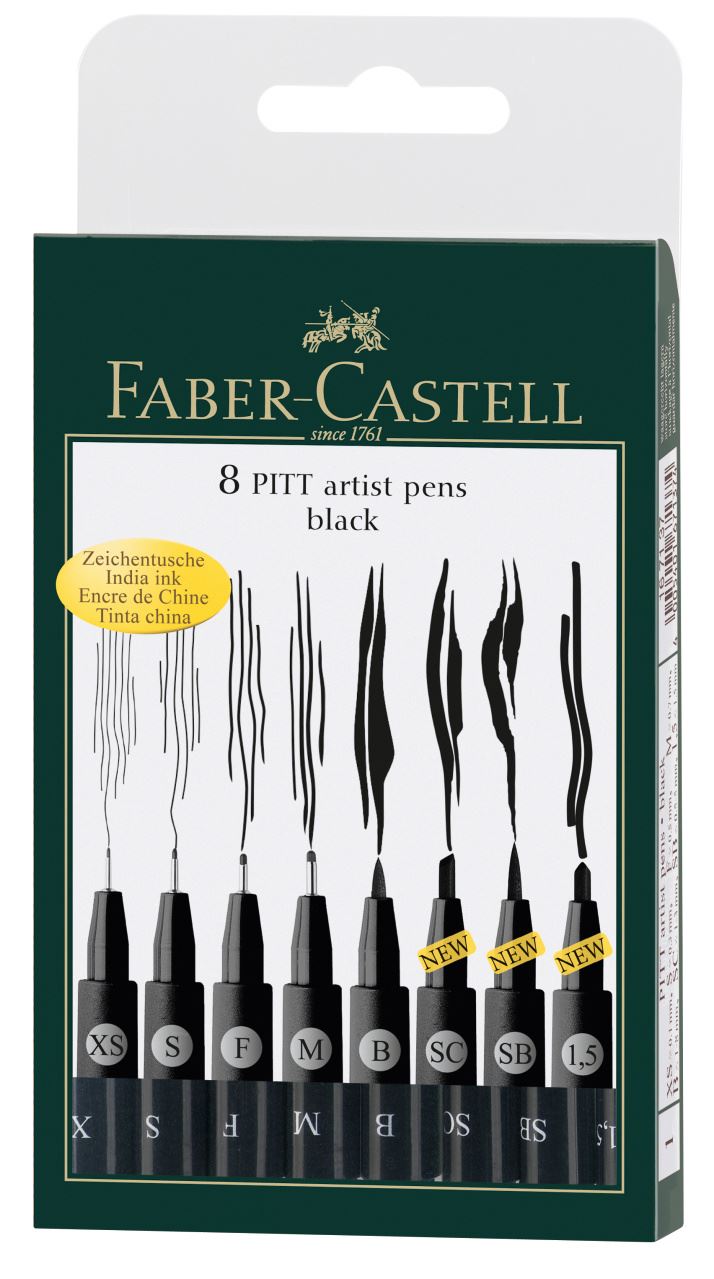 Faber-Castell - Canetas Artísticas Pitt c/8 cores Pretas - várias pontas