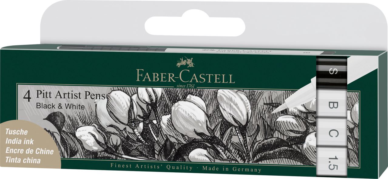Faber-Castell - Canetas Artísticas Pitt c/ 4 - Branca - B, 1.5 e C - Preta S